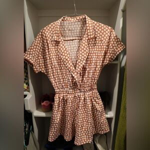 Rust and White Polka Dot Romper with Collared V-Neck